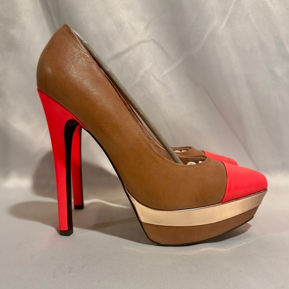 Vintage Betsey Johnson Leather Pumps Orange Beige Gold Platform Heels Size 9